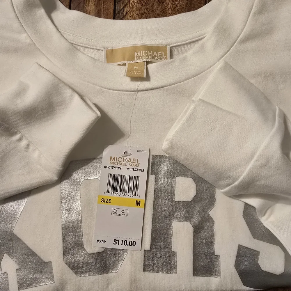 Michael Kors NWT Silver Foil Logo Crewneck Sweatshirt White Size M